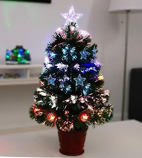 2FT (60CM) GREEN FIBRE OPTIC CHRISTMAS TREE WITH STARS AND BAUBLES AND RED BASE