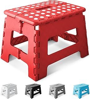 KEPLIN 9 Inch Heavy Duty Folding Step Stool | Non-Slip Foldable Footstool for Toddlers, Children & Adults | Portable, Lightweight Plastic Footstep w/Carrying Handle for Indoor or Outdoor (Red)