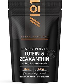 Lutein & Zeaxanthin with BioPerine® – 40mg Lutein 2.85mg Zeaxanthin – 180 Vegan Capsules – Natural Carotenoids from Marigold Extract – Resealable and Recyclable Pouch by Alpha01