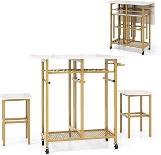 COSTWAY 3 Piece Dining Table Set, Extendable Kitchen Table with 2 Stools, 6-Bottle Wine Rack, Shelves, Side Pushing Handle & 5 Wheels, Folding Breakfast Bar Table Set for Small Space (White + Golden)