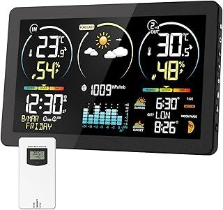 Weather Station Indoor/Outdoor Thermometer for Home, Wireless with Digital Atomic Clock, Large Display with Adjustable Backlight, Temperature/Humidity Monitor for Indoor and Outdoor Use