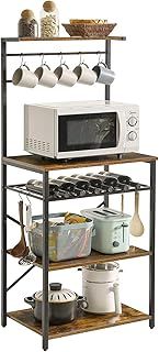YMYNY Kitchen Baker's Rack, Microwave Oven Stand with Storage Shelves, Industrial Coffee Bar Station, with Adjustable Wine Holders and S-Hooks, Metal Frame, Rustic Brown, 59×40×143CM, HBR001H
