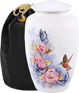 Urns of Dignity HUMMING BIRD CREMATION URNS,URN FOR HUMAN ASHES, ADULT URN FOR Funeral, Burial, Columbarium or Home, Cremation Urns for Human Ashes Adult 200 Cubic Inches:- With Velvet Bag (White)