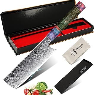hajegato Damascus Chef Knife Nakiri Unique Handle Professional 7 Inch Japanese Chefs Kitchen Knife Vg10 67 Layers Damascus Steel Knive with Sheath