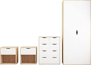 AFN Delvito 4 Piece Bedroom Furniture Set - Includes Wardrobe, 5 Drawer Chest, Bedside Cabinet (White on Oak)