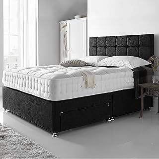 Reinforced Small Double Bed Set 4 FT with 2000 Series Mattress - Black Venice Divan Beds Set with Various Storage Options – 26 Inch Headboard with Chrome Glider Feet (Small Double)