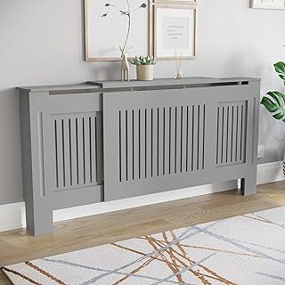 Vida Designs Chelsea Adjustable Radiator Cover With Modern Slats Grey Decorative Heater Cover with Shelf (H: 82 / W: 140-204 / D: 20.5 cm)