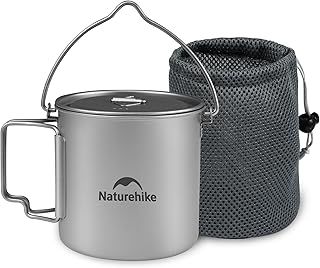 Naturehike Titanium Cup Camping Pot with Bail Handle 650ml/900ml Tea Coffee Water Mug Outdoor Pot Lightweight Cookware with Lid & Folding Handle for Camping Hiking Picnic