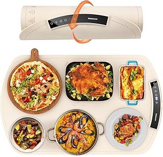 Accwork Electric Food Warmer, Portable Food Warming Tray with 6 Timers, 9 Temperature Settings, Waterproof Silicone Heating Mat for Buffet Party, Home Dinners & Gatherings, 65 x 40 x 1.8cm, Beige