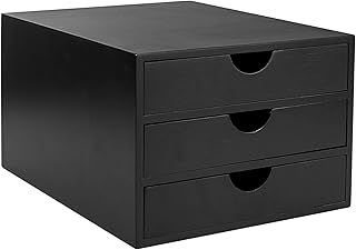 3 Drawer Bamboo Home Office Desktop Tidy A4 Sturdy Stationary Storage Organiser Unit, Black - W25 X D33 X H18.5cm
