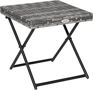 Outsunny Folding Rattan Garden Coffee Table, Small Square Outdoor Bistro Side Table with Rattan Top for Patio, Balcony, Porch, 40 x 40 x 40 cm, Grey