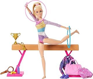 Barbie Gymnastics Doll & Accessories, Playset with Blonde Fashion Doll, C-Clip for Flipping Action, Balance Beam, Warm-Up Suit & More, HRG52