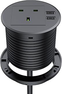 Desk Socket with USB, Haylink Desk Grommet 80mm Cut-Out Hole Cover with 1 UK Plug, Power Socket Grommet Connect 6.56ft Extension Cord(Black)