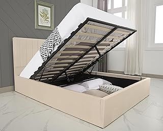Upholstered Ottoman Double Bed Frame 4ft6, Velvet Fabric Bed Frame With Storage, Ottoman Storage Bed With Gas Lift End Opening Wooden Slats, (4ft6 Light Grey, No Mattress Included)