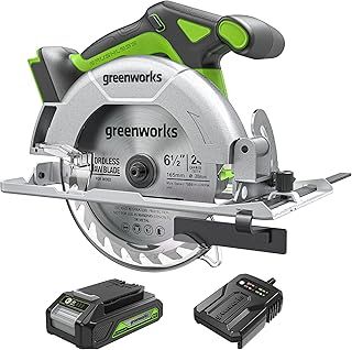 Greenworks GD24KSK2 Cordless Circular Saw, 4800 RPM, 165 mm Blade, 57mm Cutting Depth, with 2Ah Battery and Charger