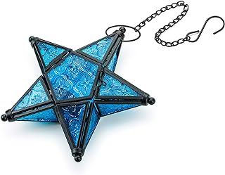 Romadedi Moroccan Lantern Decorative Hanging Ornaments - Stained Glass Candle Lantern Window Hangings Living Room Patio Balcony Decoration Vintage, Blue