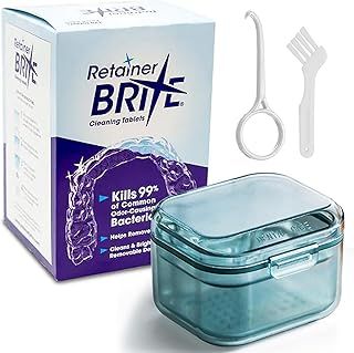 Retainer Brite Cleaning Kit Including 96 Tablets (3 Month Supply) and Case - Retainer Box Ideal for retainers, mouthguard, dentures, invisalign. Removes Plaque and Tartar. (Blue)