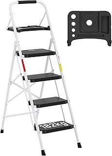 BONTEC 4 Step Ladder with Wide Anti-Slip Pedals, Folding Step Stool Capacity 182KG, Sponge Handrail, Strong and Solid Portable Ladder Suitable for Home, Kitchen, Pantry, Indoor/Outdoor Use, White