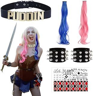 Oerphh 6pcs Women Villain Costume Accessories Set, Harley Cosplay with Tattoo Wristband Collar Hair Extension, Womens Fancy Dress Costumes for Cosplay Halloween World Book Day