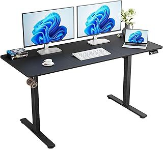 Electric Height Adjustable Standing Desk 140x60cm (55.1"x23.6"), Sit Stand Desk with Splicing Top for Home Office (Black Frame, Black Desktop)