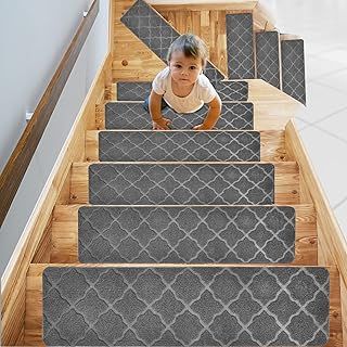 15pcs Carpet Stair Treads Runners, 76x20cm Non-Slip Self-Adhesive Carpet Stair Runner with Non Skid Rubber, Safety Floor Protection Rug Cover for Kids, Elders & Pets