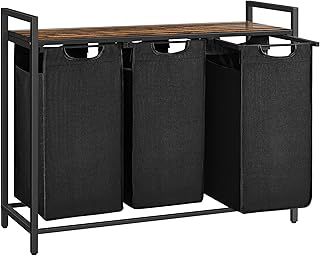 VASAGLE Laundry Basket, 3-Compartment Laundry Hamper, Pull-Out and Removable Laundry Bags, Laundry Sorter, Shelf, Metal Frame, 3 x 38L, 92.5 x 33 x 72 cm, Rustic Brown and Black BLH301B01