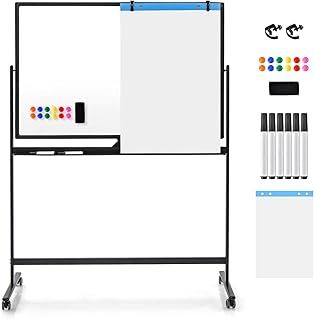 COSTWAY Double Sided Magnetic Whiteboard, Mobile Reversible Dry Erase Board with Black Markers, Eraser, Magnets & Marker Tray, Height Adjustable Standing White Board (120 x 80cm, White)