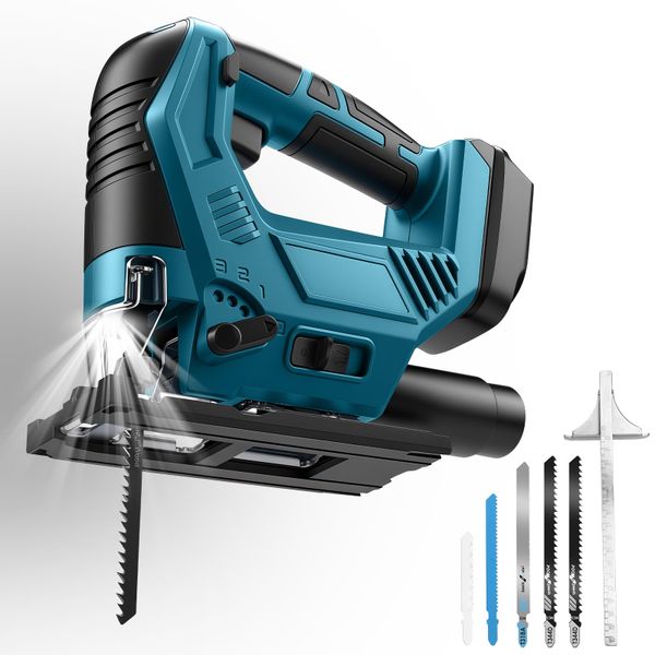 Cordless Jigsaw Compatible with Makita 18V Battery, Electric Jig Saw with 4 Orbital Settings & Tool Free Blade Change, 45°Bevel Adjustment, 6pcs Jigsaw Blades, Ideal for Wood Plastic Metal