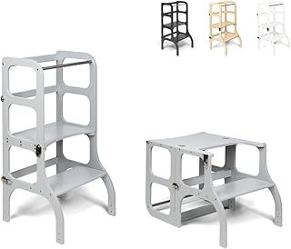 Ette Tete STEP'n'SIT® • Montessori Helper Tower - Table • Convertible 2-in-1 (With silver clasps, Grey)