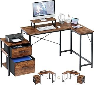 Dripex L Shaped Desk with Filing Drawer & Storage Drawer Compact Corner Desk with Monitor Stand Reversible Computer Desk for Home Office Bedroom Small Space