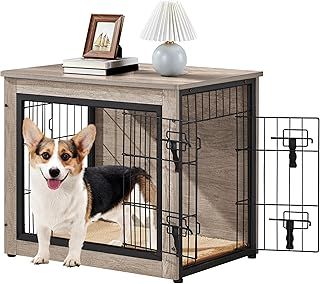 Yaheetech Dog Crate Furniture Dog Cage End Table Wooden Puppy House with Double Doors & Anti-skid Plush Mat for Puppies/Small-sized Animals, Indoor Pet Kennel Side Table, Gray