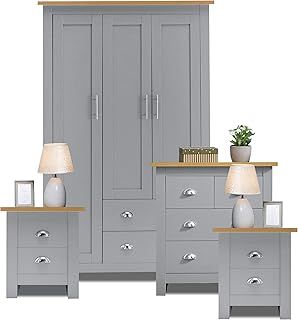 Bedroom Wardrobes sets With 3 Door Wardrobe & 2+2 Drawer Chest of Drawer + 2 Drawer 2 Bedside Table Cabinet Bedroom Set for 4 Piece Bedroom Storage furniture Set, Grey & Oak