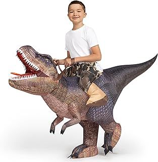 Spooktacular Creations T-Rex Inflatable Costume for Kids, Funny Air Blow Up Costumes, Digital Printing Ride-On Dinosaur Costumes for Halloween Costume Parties, Brown