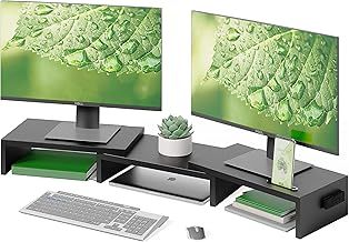 BONTEC Dual Wooden Monitor Stand with Groove, Adjustable Length and Angle for Portable Monitor and Desktop PC Monitor