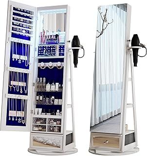 FREDEES Full-Length Mirror with Jewelry Storage: 360° Swivel Standing Jewelry Cabinet with Lights - Rotatable Standing Jewelry Armoire Organizer with Foldable Makeup Shelf White