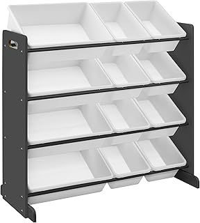 SONGMICS Children's Toy Storage Unit, Kid’s Toy Organiser, Playroom Display Stand Unit with 12 Removable PP Container Boxes, Dark Grey and White, 86 x 26.5 x 78 cm GKR04GY