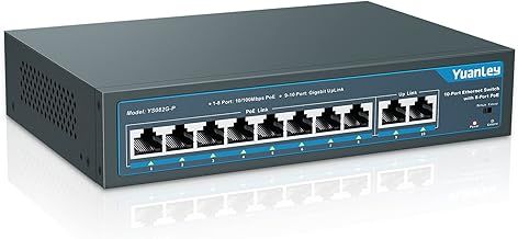 YuanLey 10 Port PoE Switch, 8 PoE+ Port 100Mbps, 2 Uplink Gigabit, 120W 802.3af/at, Extend Function, Metal Fanless Unmanaged