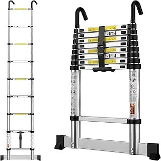 Telescopic Ladder 2.6M / 8.5FT Aluminium Extension Loft Ladder with Stabilizer Bar & Detachable Hooks, Multi Purpose Extendable Portable Ladders, 9 Steps, Black, Aluminium