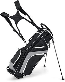 GYMAX Golf Stand Bag, 14 Way Golf Bag with 6 Pockets, Dual Shoulder Strap and Rain Hood, Lightweight Portable Golf Clubs Bag for Men Women