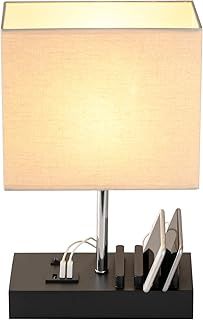 Briever USB Bedside Table Lamp, Desk Lamp with 3 USB Charging Ports and Phone Charge Dock, Black Wood Charging Station and Organizer, Perfect Light for Bedroom, Guest Room, Living Room, Office