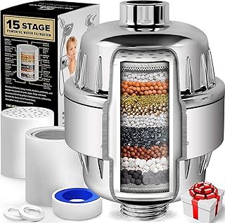 AquaHomeGroup 15 Stage Shower Filter with Vitamin C for Hard Water - High Output Shower Water Filter to Remove Chlorine and Fluoride - 2 Cartridges Included -Consistent Water Flow Showerhead Filter