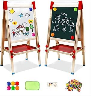 Kids Easel with Paper Roll Double-Sided Whiteboard & Blackboard Standing Easel with Numbers and Other Accessories for Kids and Toddlers (T04)