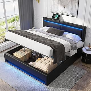 Ottoman Upholstered Bed, Double Bed-4ft6, with USB Port (Supports Wireless and Wired Charging), with LED Lighting and Storage Space, without Mattress, PU-Lychee Design (Black, 135 x 190 cm)