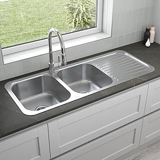 Sauber 1180 x 480mm Stainless Steel Kitchen Sink 2.0 Double Bowl Inset Installation, 18/8 Sinks, Reversible Drainer, Free Waste