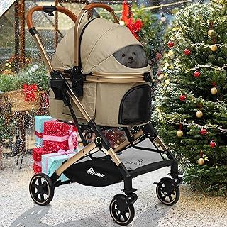 YITAHOME Dog Pram, Pet Stroller, Foldable Dog Pushchair for Medium Dog 15kg, Dog Buggy with Detachable Carrier Storage Basket, Cup Holder, Pet Carrier on 4 Wheels (Khaki)