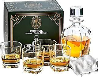 Imperial Whiskey Decanter Set - Regal Trunk Whiskey Glass Set of 4 with Crystal Glass Decanter - Stylish Lead-Free Bourbon Scotch Liquor Dispenser and 4 Rocks Glasses - Glass Polishing Cloth