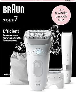Braun Silk-épil 7, Epilator with Wide Head for Easy Hair Removal, Wet & Dry, Lasting Smooth Skin, with Lady Shaver Head & Trimmer Comb, Body Mini Shaver, 7-441, White/Silver