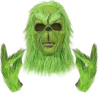 SINSEN Christmas Giant Green Monster Mask with Furry Gloves Full Head Latex Mask Christmas Plush Gloves Christmas Halloween Carnival Cosplay Costume Props for Adults Kids