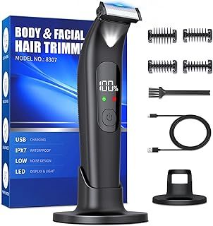 Body Hair Trimmer Beard Hair Trimmer Men with LED Display & LED Light,Intimate Body Shaver for Groin Private Parts,Pubic Balls Hair Groomer Kit,Electric Male Razor,USB Charging,Wet/Dry Use,IPX7