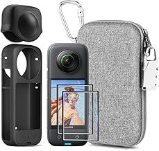 7in1 Accessories Kit Compatible with Insta360 X3 [Silicone Camera Case Cover and Lens Cap][2Pcs 3D Screen Protector Film][Outdoor Carrying Case with Auto Locking Carabiner and Anti-loss Lock]